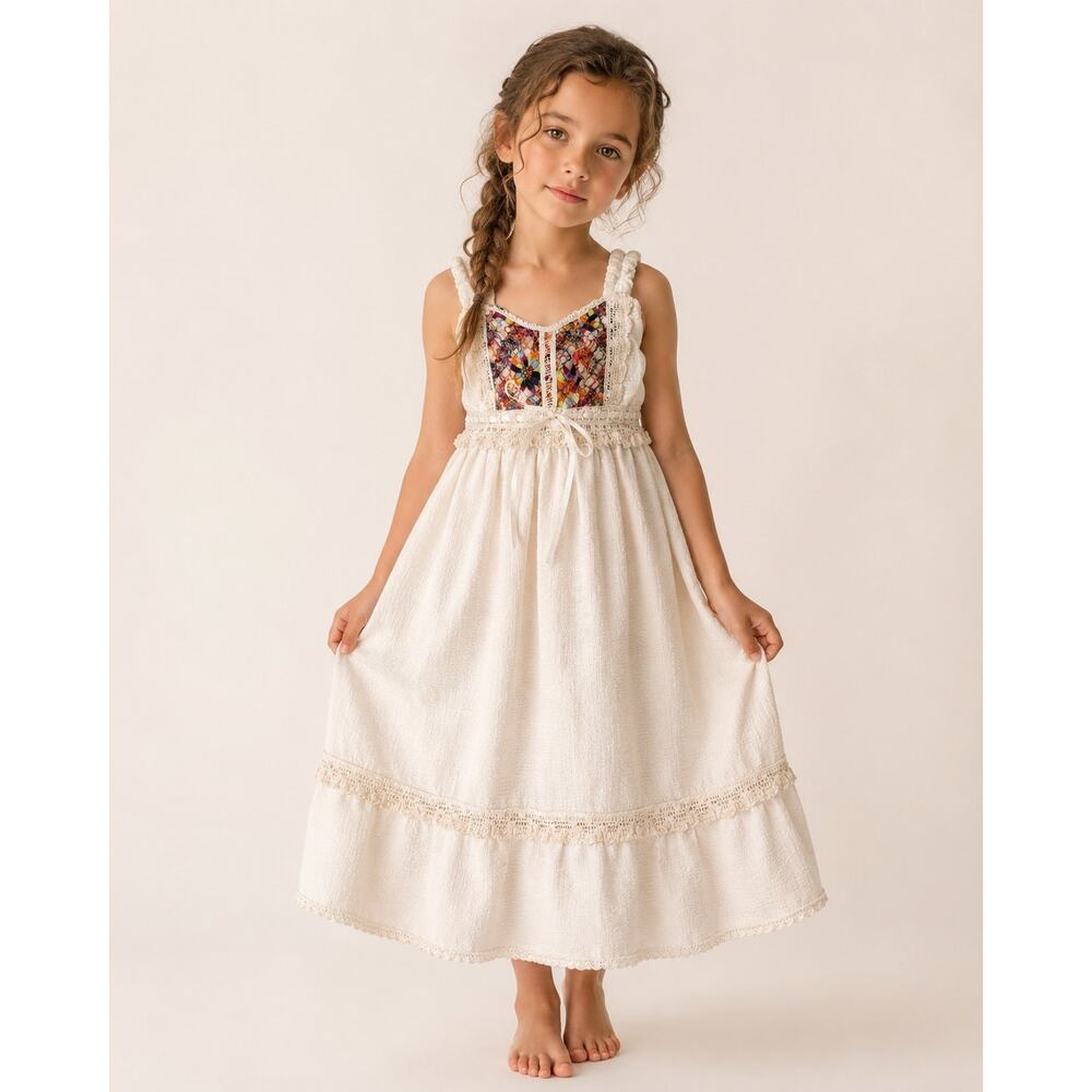Handmade Girls Ivory Crochet Lace Dress Multicolor Bodice Cottagecore 6-8